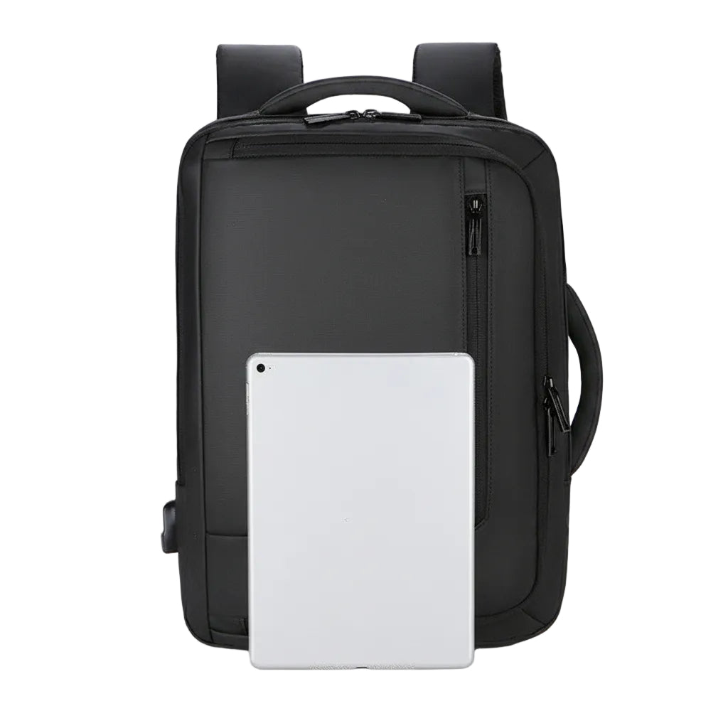 Back view of business backpack with comfortable shoulder straps and breathable support