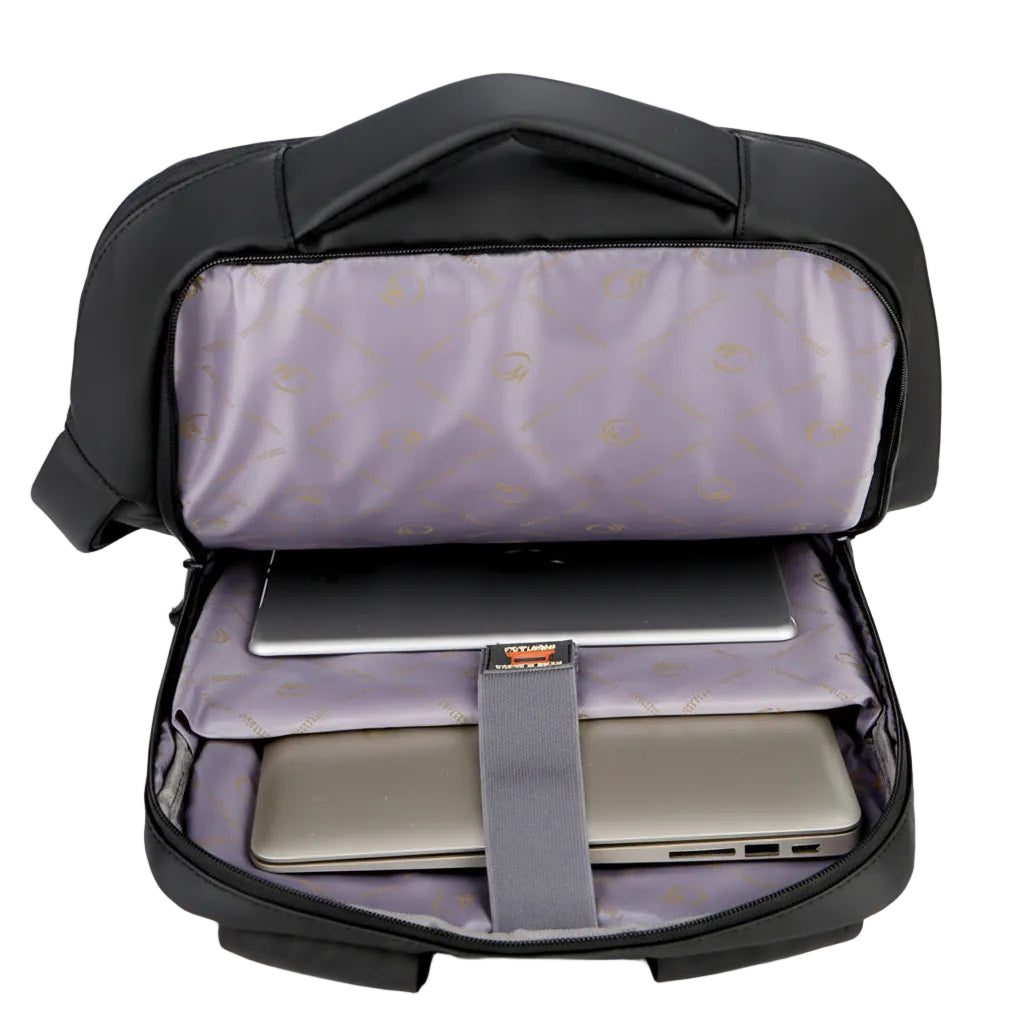 Interior compartments of laptop backpack showing organized storage for laptop and essentials