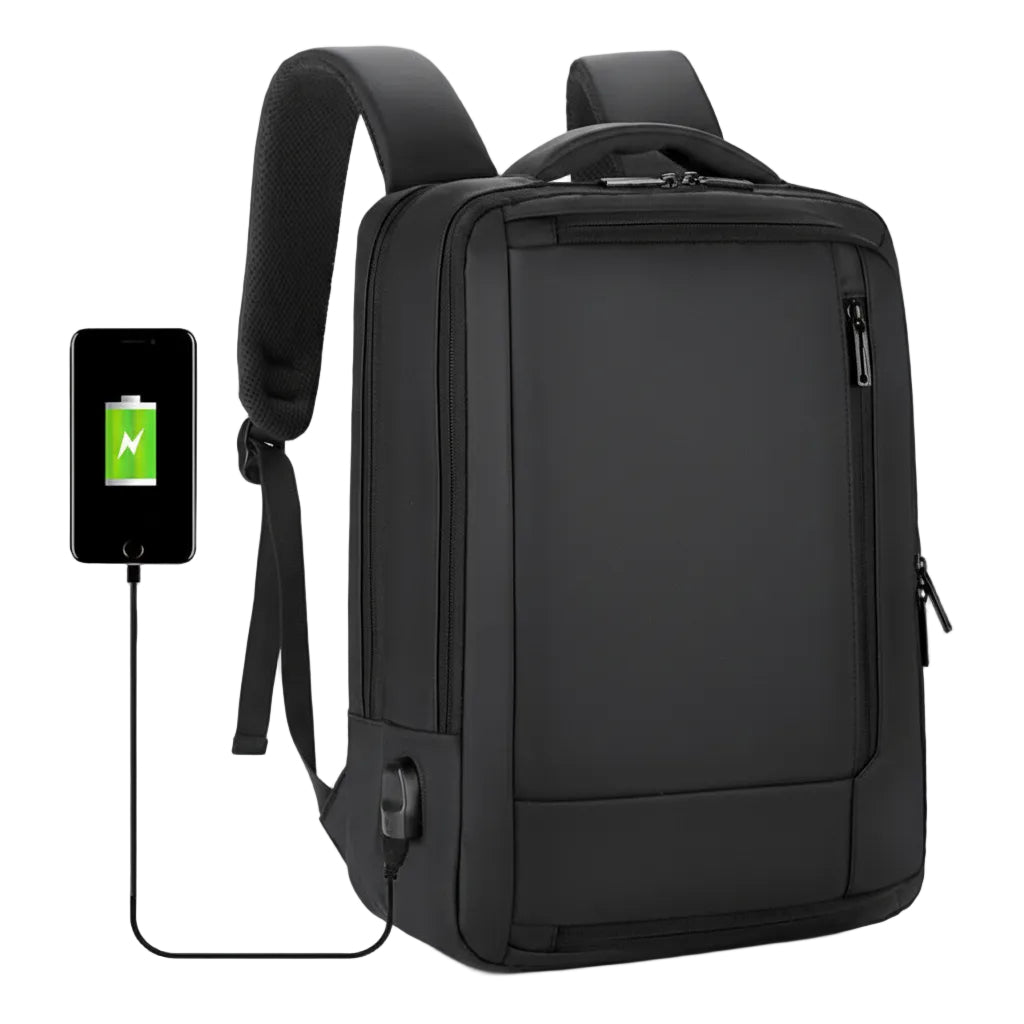 Close-up of USB charging port and anti-theft feature on men’s business backpack