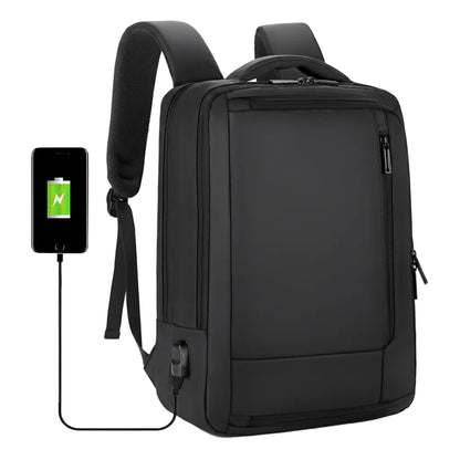 Close-up of USB charging port and anti-theft feature on men’s business backpack