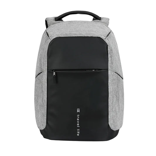 USB charging backpack front view with clean design and large storage capacity on white background