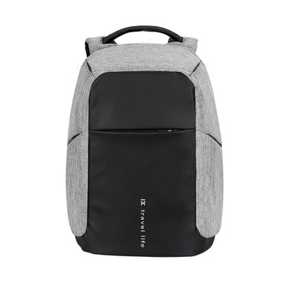 Close-up of built-in USB charging port on backpack for convenient device charging
